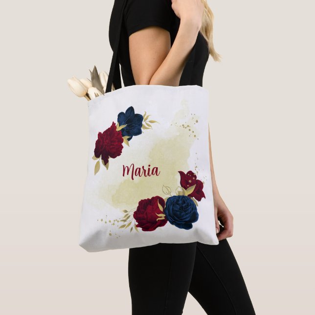 Tote Bag bleu marine et fleurs rouges or (De près)