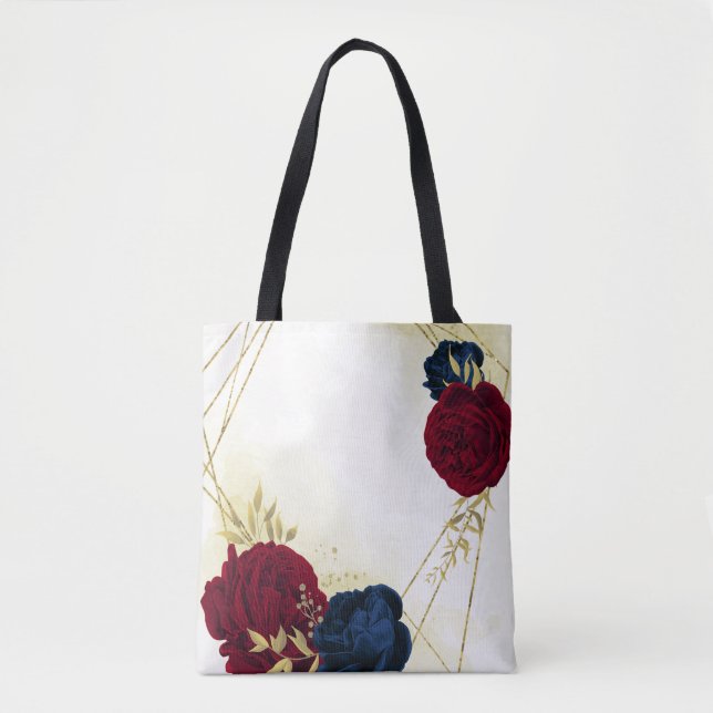 Tote Bag bleu marine et fleurs rouges or (Devant)