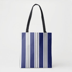 Tote Bag Bleu marine et rayures côtières blanches