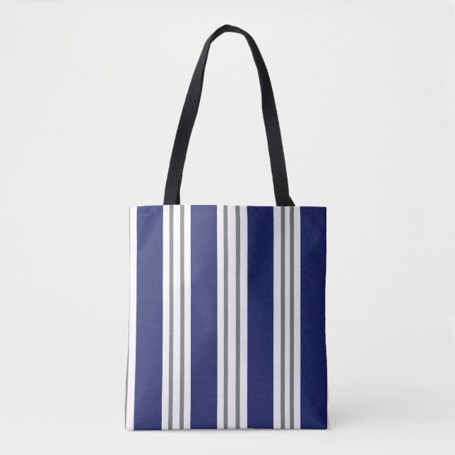 Tote Bag Bleu marine et rayures côtières blanches (Devant)