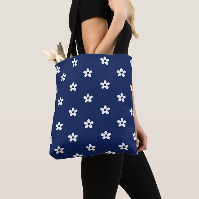 Tote Bag Bleu marine & floral blanc   (De près)