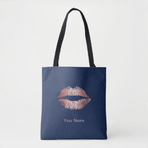 Tote Bag Bleu marine moderne de lèvres roses d'or de
