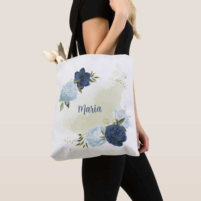 Tote Bag bleu marine poussiéreux vert floral (De près)