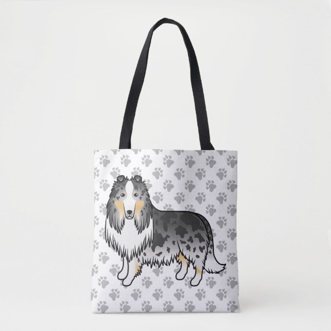 Tote Bag Bleu Merle Rough Collie Cute Cartoon Chien & Patro (Devant)
