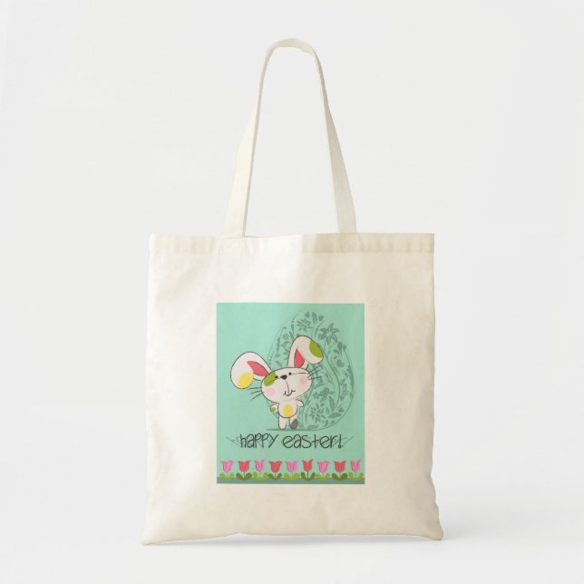 Tote Bag Bleu mignon Joyeux lapin de Pâques (Devant)