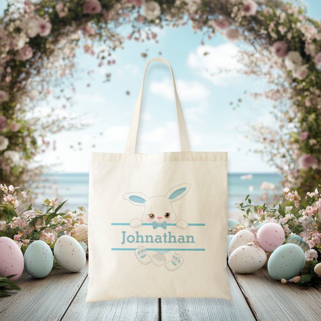 Tote Bag Bleu mignon lapin de Pâques Personnalisé Garçon (Cute Blue Easter Bunny Personalized Boy Tote Bag)