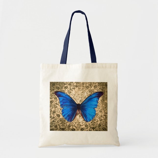 Tote Bag Bleu monarque papillon damassé art Vintage (Devant)