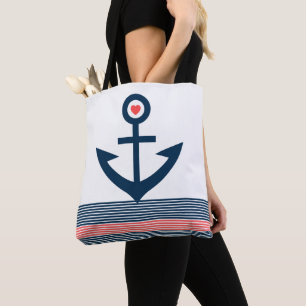 Tote Bag Bleu nautique ancre rayures coeur rouge
