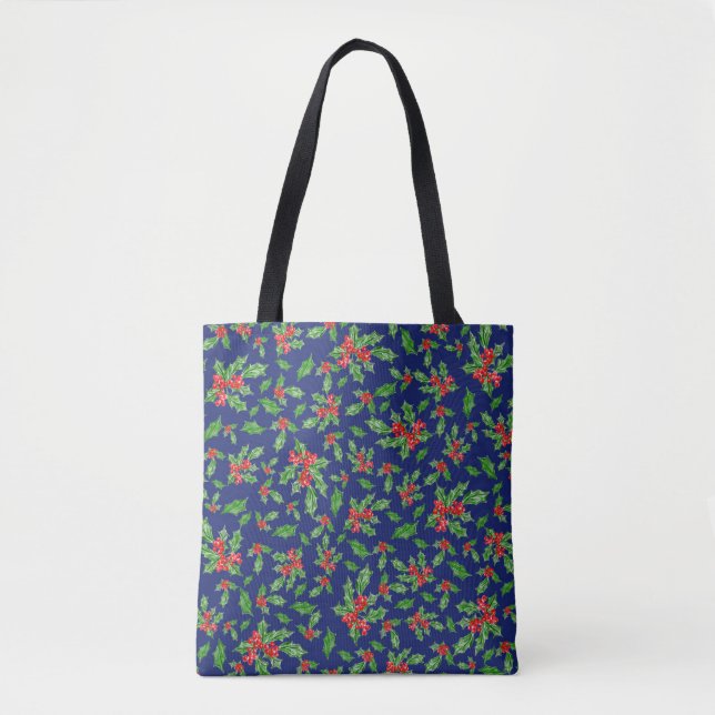 Tote Bag Bleu Noël vert sainte feuilles et baies rouges (Devant)