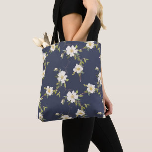 Tote Bag Bleu Nuit Blanc Floral