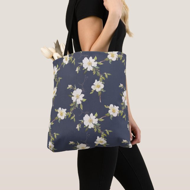 Tote Bag Bleu Nuit Blanc Floral (De près)