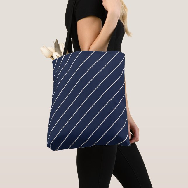 Tote Bag Bleu Nuit Classique Rayures Ivoire Minces (De près)