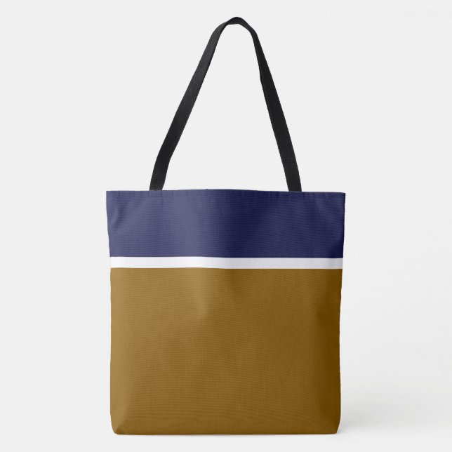Tote Bag Bleu Nuit Élégant avec Rayures Blanches sur Marron (Devant)