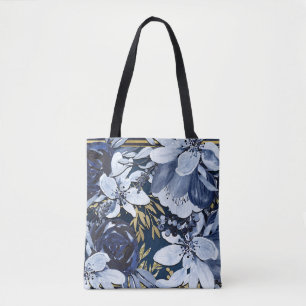 Tote Bag Bleu Nuit et Or Élégant Moderne Floral Aquarelle