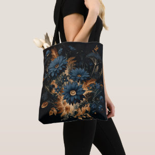Tote Bag Bleu Nuit Foncé & Or Rustique Floral Glam Bohème 
