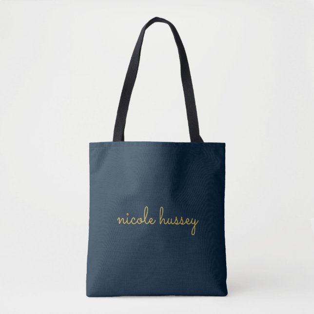 Tote Bag Bleu Nuit Or Script  | Monogramme Moderne Élégant (Devant)