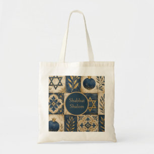 Tote Bag Bleu Or, Judaica Shabbat Maison de Campagne Rustiq