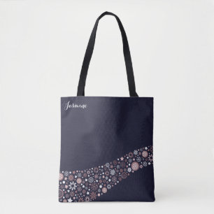 Tote Bag Bleu, or rose et flocons de neige chic hiver blanc