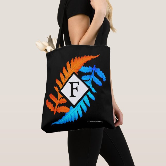 Tote Bag Bleu orange japonais peint fougères Monogramme (De près)