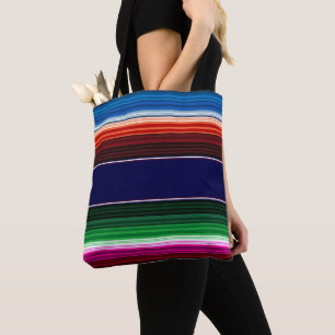Tote Bag Bleu, Orange, Rose Chaud, Vert, Sarape Mexicaine