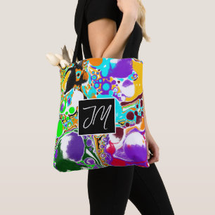 Tote Bag Bleu, Orange Violet, Marbre Noir, Fluide Art