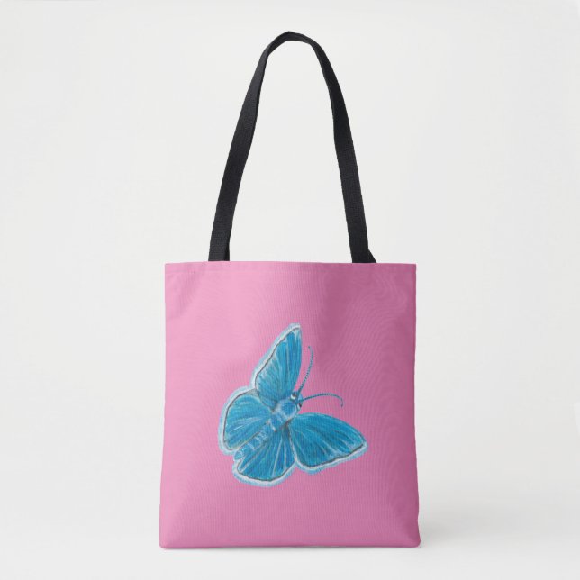 Tote Bag Bleu papillon Chapman Illustration rose (Devant)