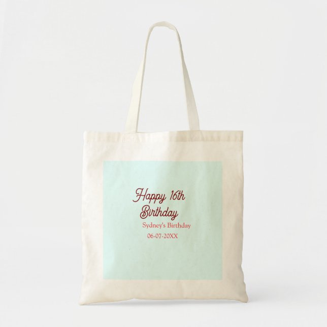 Tote Bag Bleu pastel rouge joyeux 16e anniversaire nom date (Devant)