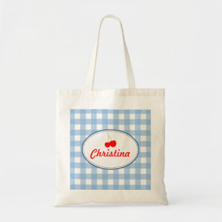 Tote Bag Bleu pays en vichy motif rouge cerise personnelle