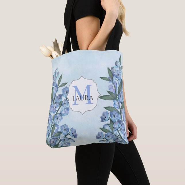 Tote Bag Bleu Personnalisé Monogramme Floral Botanique Élég (De près)