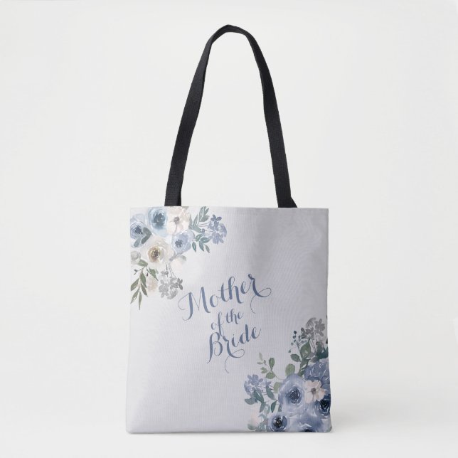Tote Bag Bleu Poussiéreux Blanc Floral Mère de la Mariée (Devant)