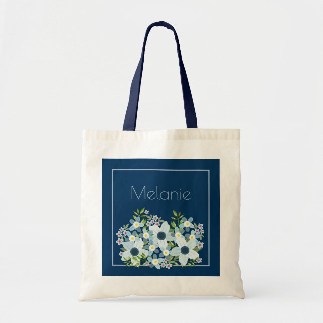 Tote Bag Bleu poussiéreux, fleurs de campagne marine Demois (Devant)