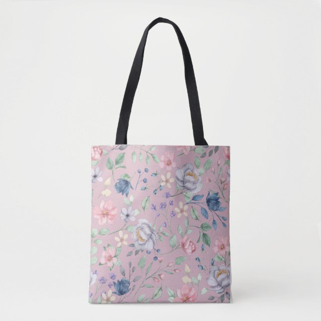Tote Bag Bleu rose et jaune Floral pourpre (Devant)