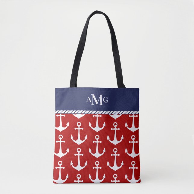 Tote Bag Bleu rouge Ancre Motif Monogramme Nautique (Devant)
