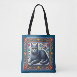 Tote Bag Bleu russe réaliste Chat Colorful Frontière floral