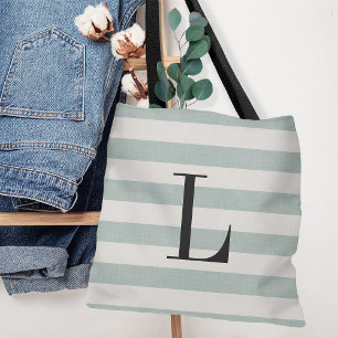 Tote Bag Bleu rustique et rayures d'ivoire Gros monogramme