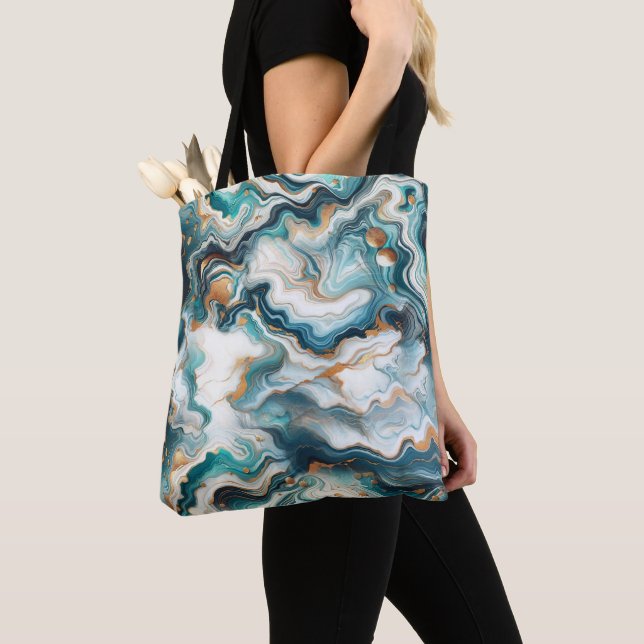 Tote Bag Bleu sarcelle or blanc marbre moderne Agate  (De près)