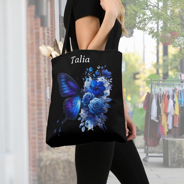 Tote Bag Bleu sur Papillon floral noir Personnalisé (Créateur téléchargé)