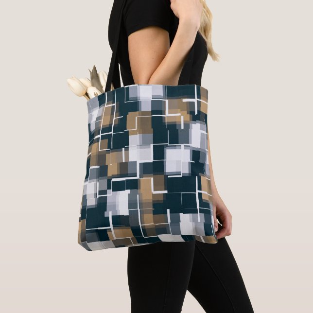 Tote Bag Bleu tendance Gold Brown noir blanc plaid (De près)