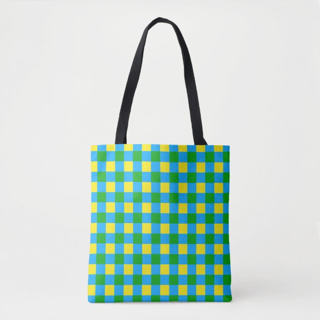 Tote Bag Bleu Vert Jaune Chèque Plaid Design Motif (Devant)