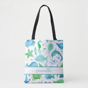 Tote Bag Bleu vert mer océan poissons dauphins élégant nom