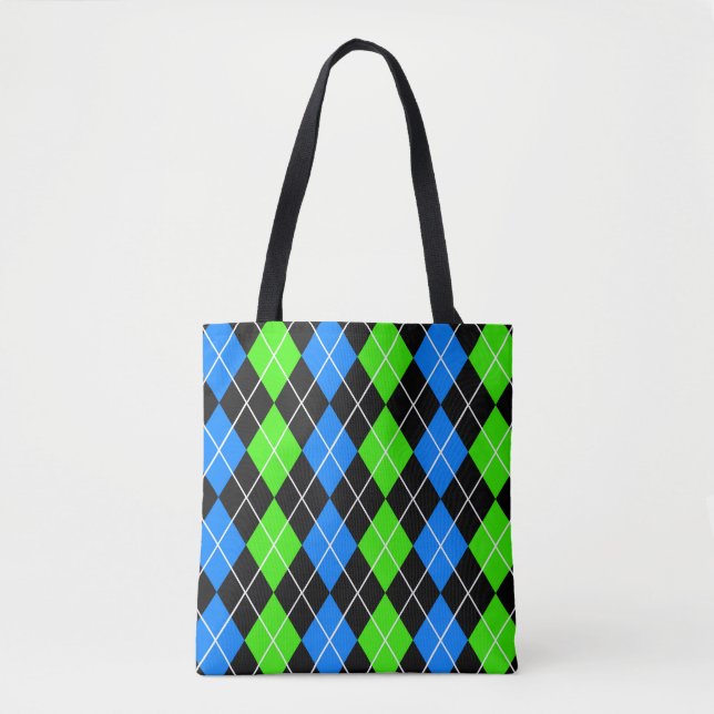 Tote Bag Bleu Vert Noir Argyle Design Diamant  (Devant)