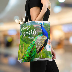 Tote Bag Bleu vert paon photo d'oiseau toujours étincelant 