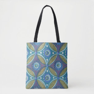 Tote Bag Bleu vert Rustique Boho Motif circulaire géométriq