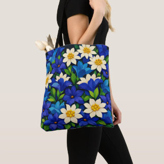 Tote Bag Bleu vibrant et floral blanc 