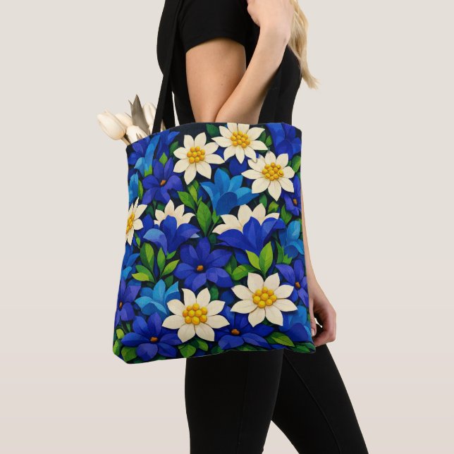 Tote Bag Bleu vibrant et floral blanc  (De près)