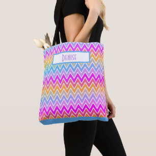 Tote Bag Bleu violet jaune arc-en-ciel Chevron Monogramme