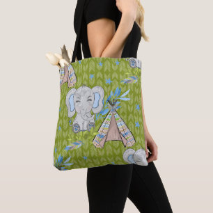TOTE BAG BLEUE & GRIS BOHO BABY ELEPHANT & DREAMCATCHER