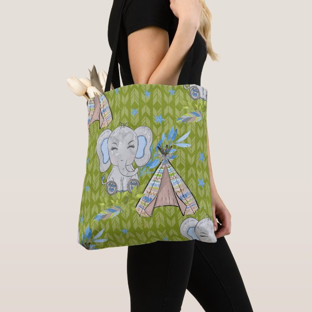 TOTE BAG BLEUE & GRIS BOHO BABY ELEPHANT & DREAMCATCHER (De près)