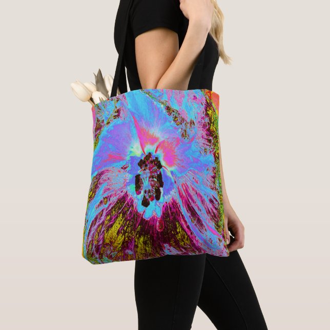 Tote Bag Bleuet Psychedelique Bleu et Hibiscus Magenta (De près)