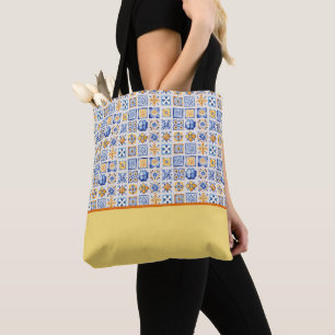 Tote Bag Bloc de couleur de carreaux bleus blancs jaunes d'
